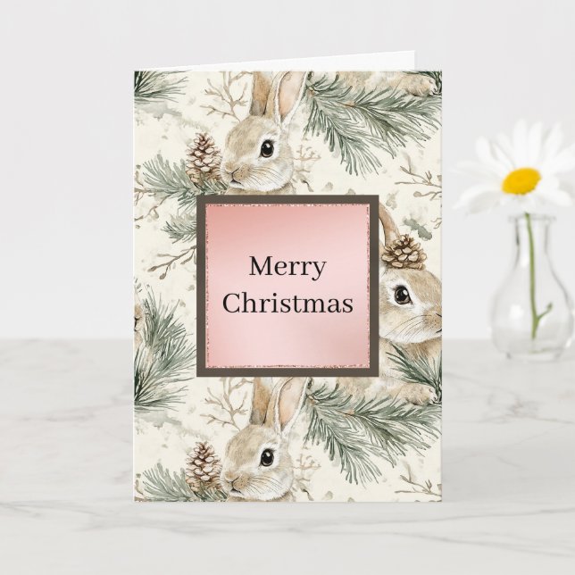 Tarjeta Green Pine Cones Bunny Rabbits Christmas (Planta pequeña)