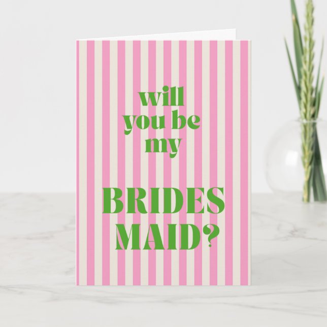 Tarjeta Green + Pink Modern Stripe Bridesmaid Proposal (Anverso)