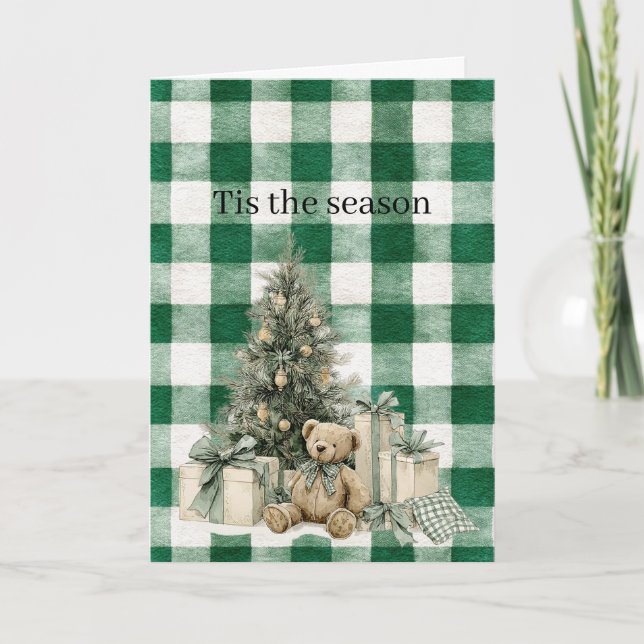 Tarjeta Green Plaid Christmas Tree Teddy Bear Gifts (Anverso)