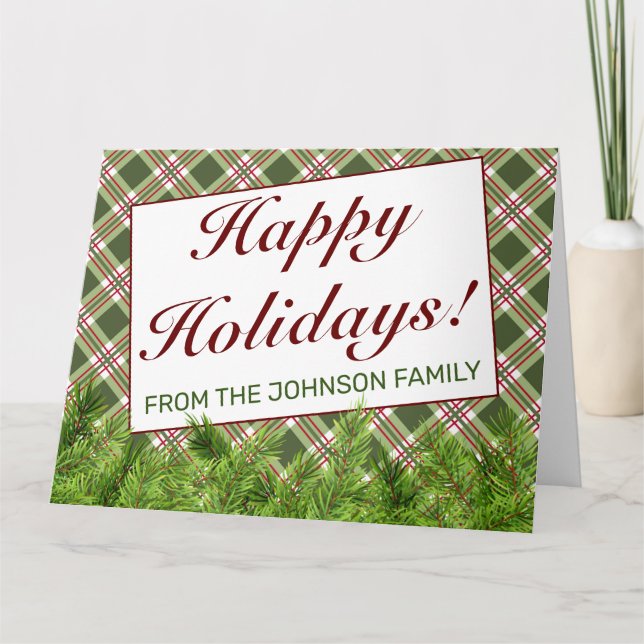 Tarjeta Green Red Plaid & Pine Holiday Doble Saludo (Anverso)