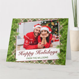 Tarjeta Green Red Plaid Pine Photo Happy Holidays Grey