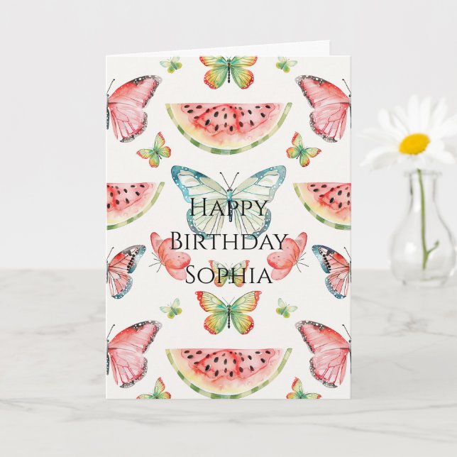 Tarjeta Green Red Watermelon Blue Butterflies Birthday (Planta pequeña)