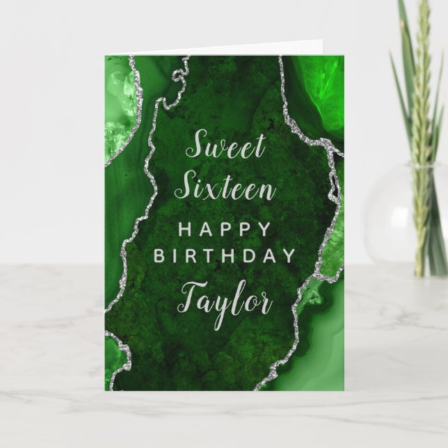 Tarjeta Green Silver Agate Sweet 16 Happy Birday (Anverso)