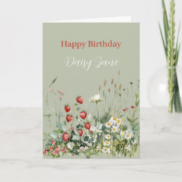 Tarjeta Green Strawberries Daisy Flowers Birthday