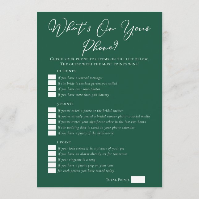 Tarjeta Green What's On Your Phone Bridal Shower (Anverso)