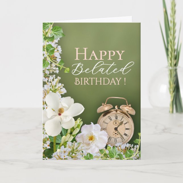 Tarjeta Green White Floral Botanical Belated Birthday Card (Anverso)