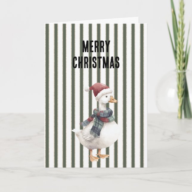 Tarjeta Green White Stripes Goose with Santa Hat Christmas (Anverso)