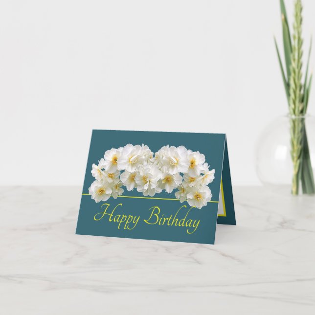 Tarjeta Green Yellow White Daffodil Bouquet Happy Birday (Anverso)