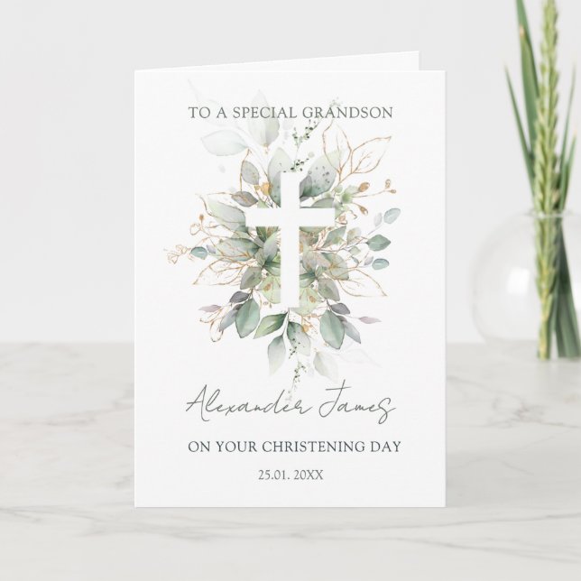 Tarjeta Greenery Foliage Cross Christening  (Anverso)