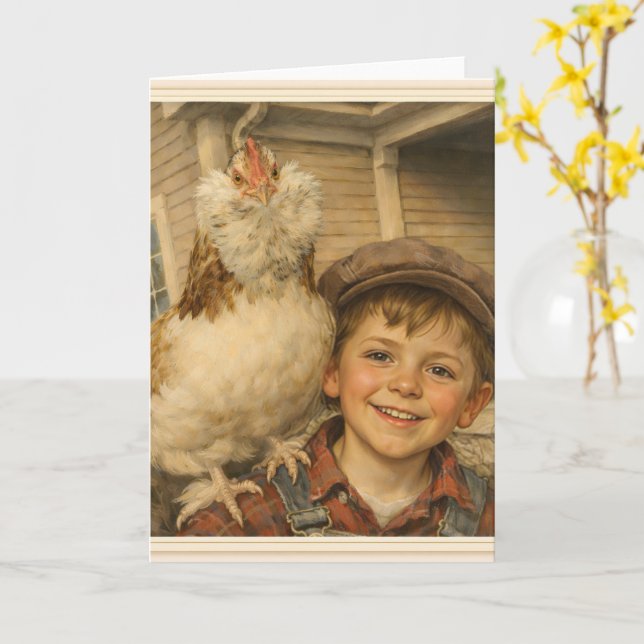 Tarjeta Greeting Card -Cute Boy With Chicken  (flor amarilla)