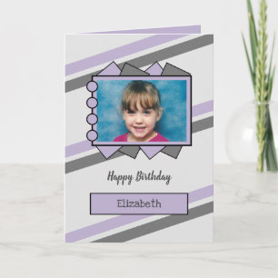 Tarjeta Grey and lilac photo and name kids birthday