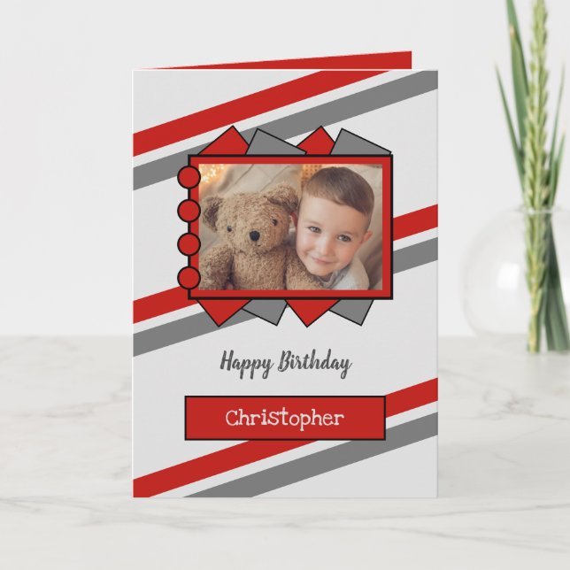 Tarjeta Grey and red photo and name kids birthday (Anverso)