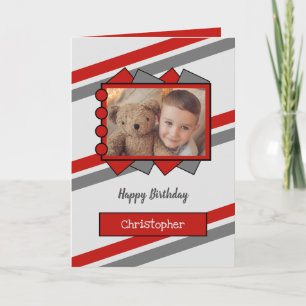Tarjeta Grey and red photo and name kids birthday