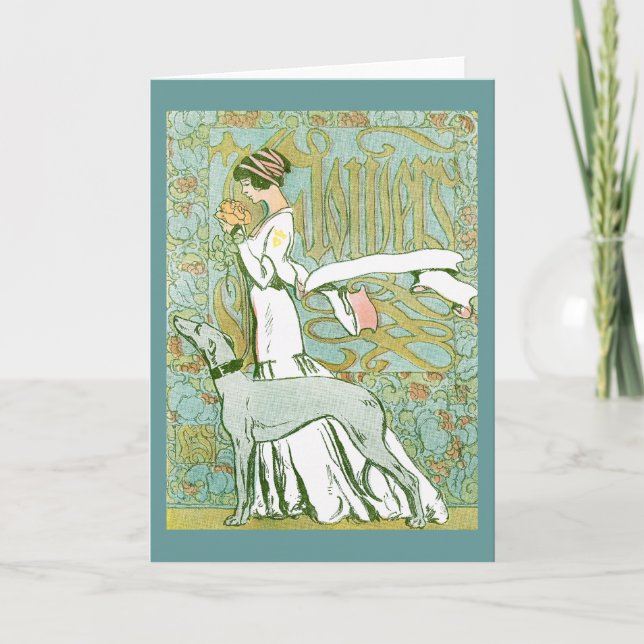 Tarjeta Greyhound de Art Nouveau y Lady con flores (Anverso)