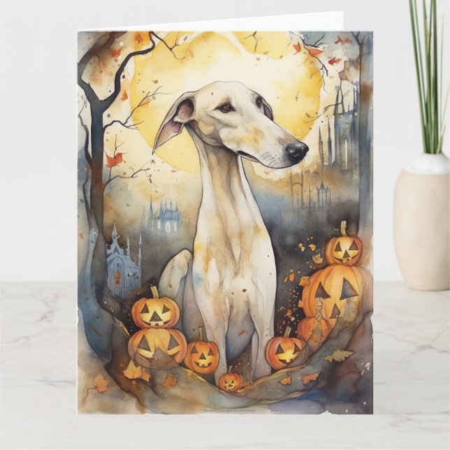 Tarjeta Greyhound de Halloween con calabazas asustadas (Anverso)