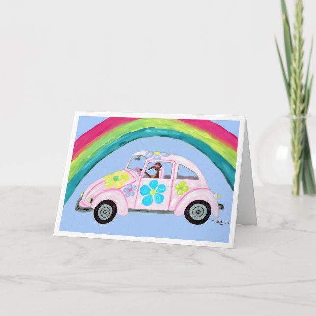 Tarjeta Greyhound en coche hippie con arcoíris (Anverso)