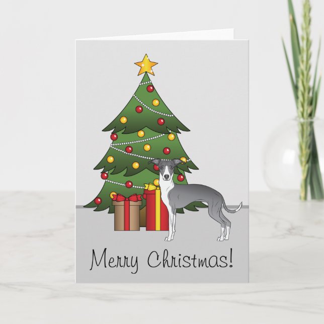 Tarjeta Greyhound Italiano Azul Y Blanco Y Árbol Navidad (Anverso)