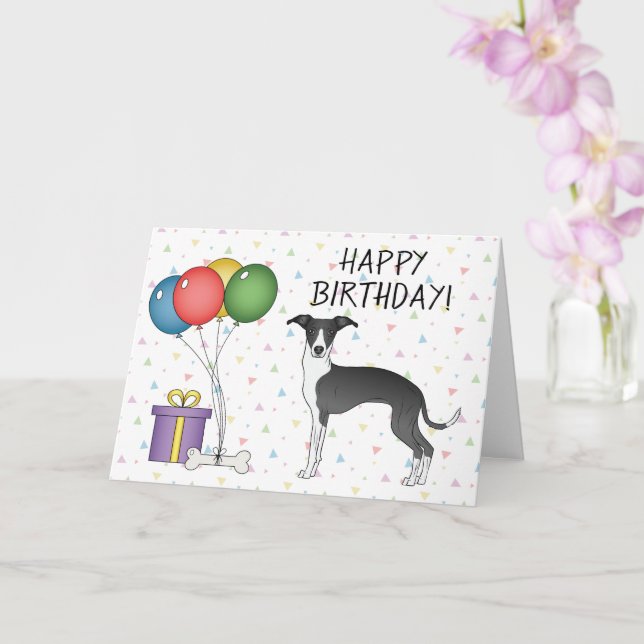 Tarjeta Greyhound italiano blanco y negro - Feliz cumpleañ (Orquídea)