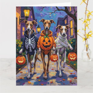 Tarjeta Greyhounds pidiendo dulces con disfraces de Hallow