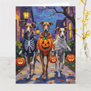 Tarjeta Greyhounds pidiendo dulces con disfraces de Hallow