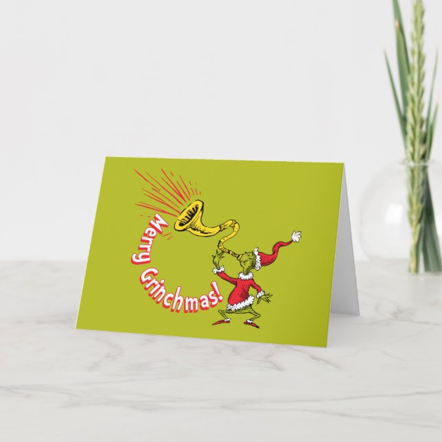 Tarjeta Grinch Blowing the Merry Grinchmas Horn (Anverso)