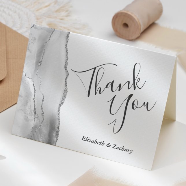 Tarjeta Gris Blanco Plata Agradecimiento de Boda de Ágata (Subido por el creador)