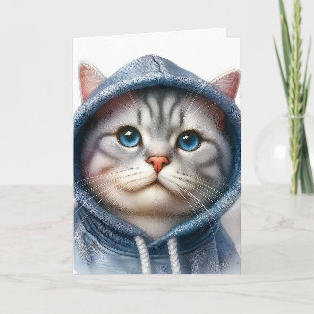 Tarjeta Gris blanco y grisáceo Gato Gato azul Ojos Hoodis (Anverso)
