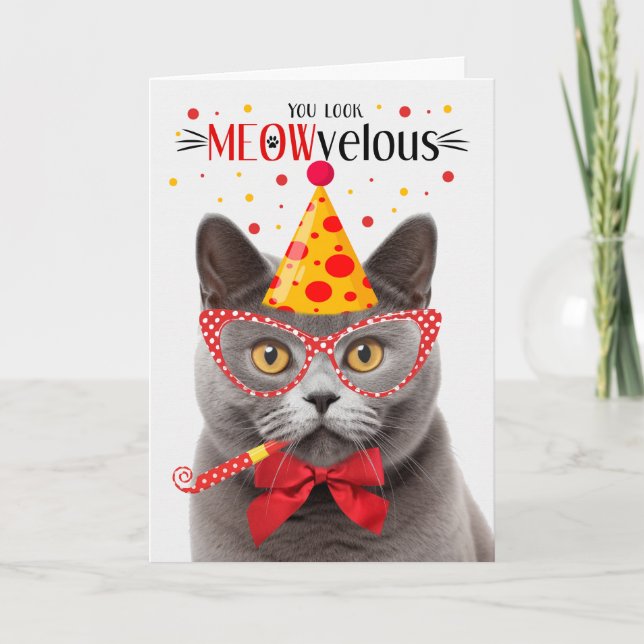 Tarjeta Gris British Shorthair Cat MEOWvelous Birthday (Anverso)