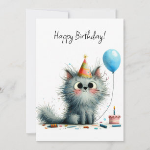 Tarjeta Gris caprichoso gato sombrero de fiesta globo cump