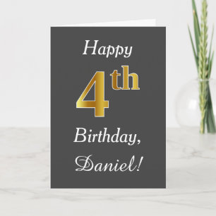 Tarjeta Gris, Faux Gold 4Cumpleaños + Nombre Personalizado