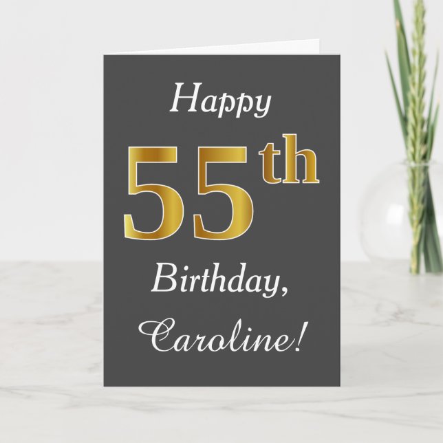 Tarjeta Gris, Faux Gold 55th Birthday + Nombre personaliza (Anverso)
