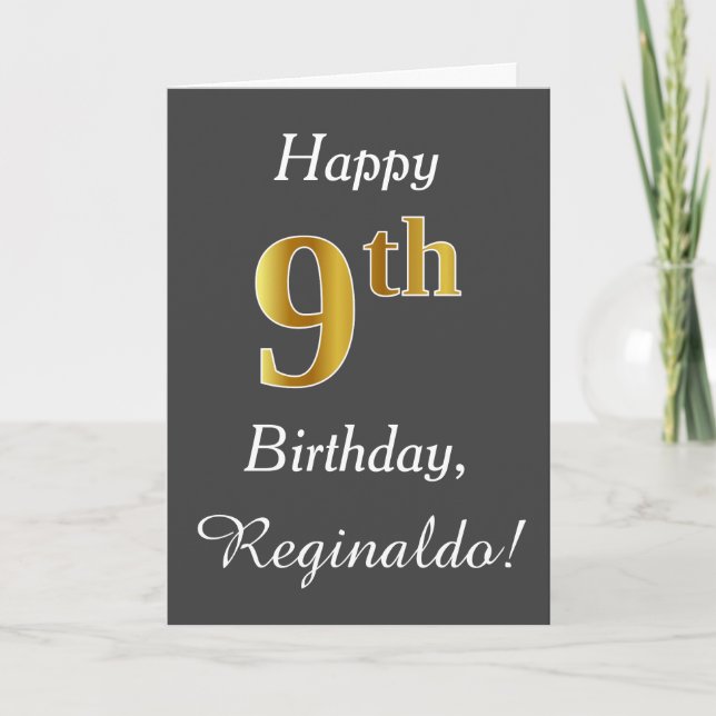 Tarjeta Gris, Faux Gold 9Cumpleaños + Nombre Personalizado (Anverso)