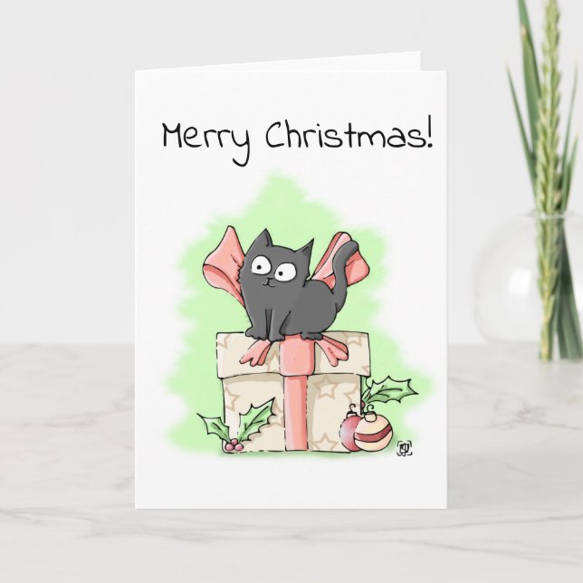 Tarjeta Gris lindo gatito en Navidades de regalo (Anverso)