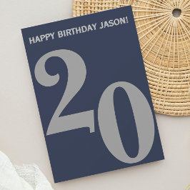 Tarjeta Gris moderno y azul marino Hombres 20 cumpleaños