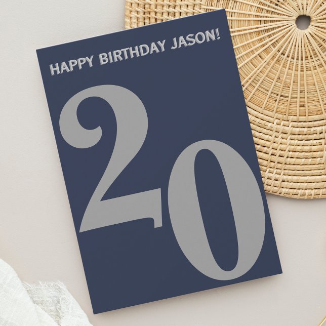 Tarjeta Gris moderno y azul marino Hombres 20 cumpleaños (Subido por el creador)