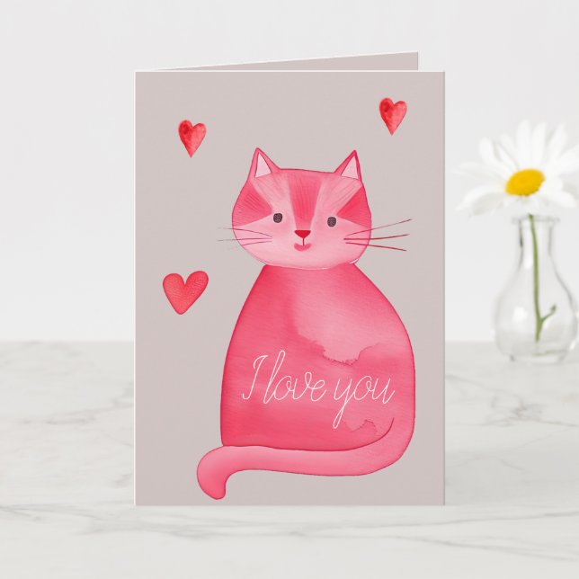 Tarjeta Gris Pink Red Cat Hearts Love You (Planta pequeña)
