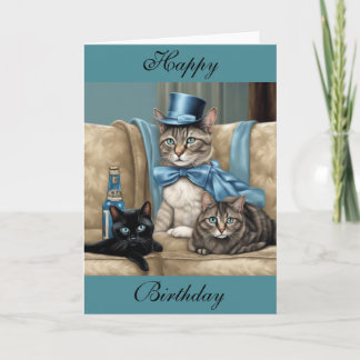 Tarjeta Gris tabby cat con capa y sombrero de cabeza