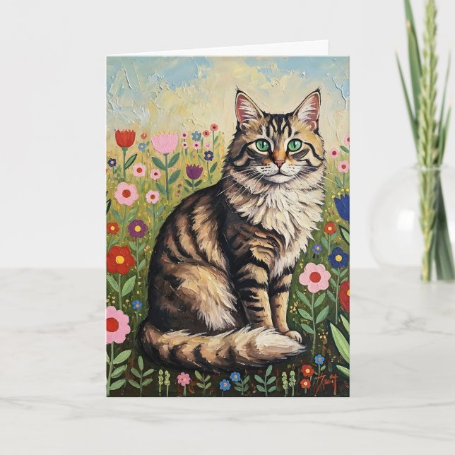 Tarjeta Gris Tabby Cat y Flores de Arte Popular Cumpleaños (Anverso)