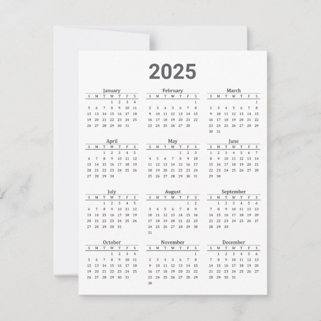Tarjeta Gris y blanco 2025 año a un vistazo de calendario  (Anverso)
