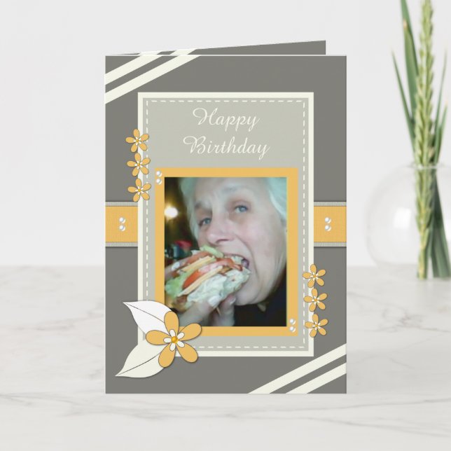 Tarjeta Gris y naranja con flores y foto (Anverso)