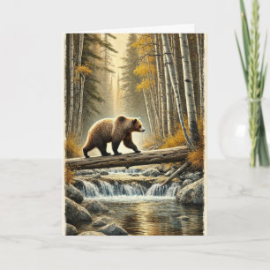 Tarjeta Grizzly Bear Fallen Log Bridge Creek Fall Aspens