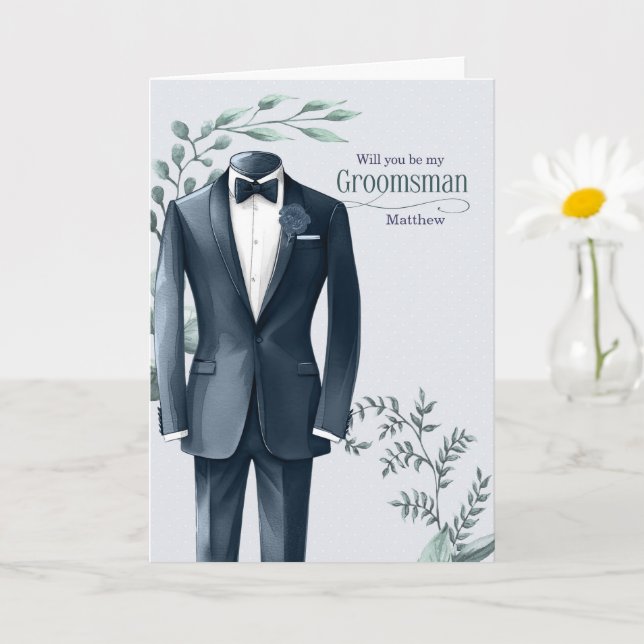 Tarjeta Groomsman Wedding Attendant Request Blue Tux (Planta pequeña)