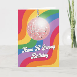 Tarjeta Groovy Birthday Disco Ball Wavy Retro Cumpleaños