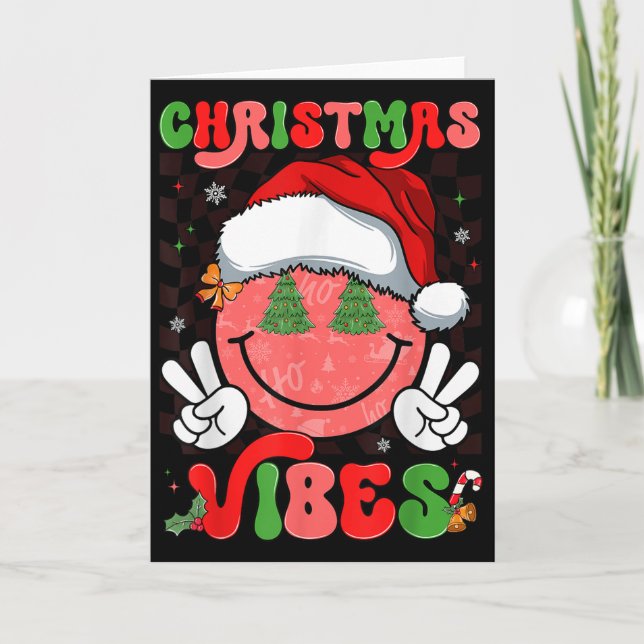 Tarjeta Groovy Christmas Vibes Smile Face Santa Hat Xmas M (Anverso)