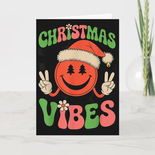 Tarjeta Groovy Christmas Vibes Smile Face Santa Hat Xmas T (Anverso)