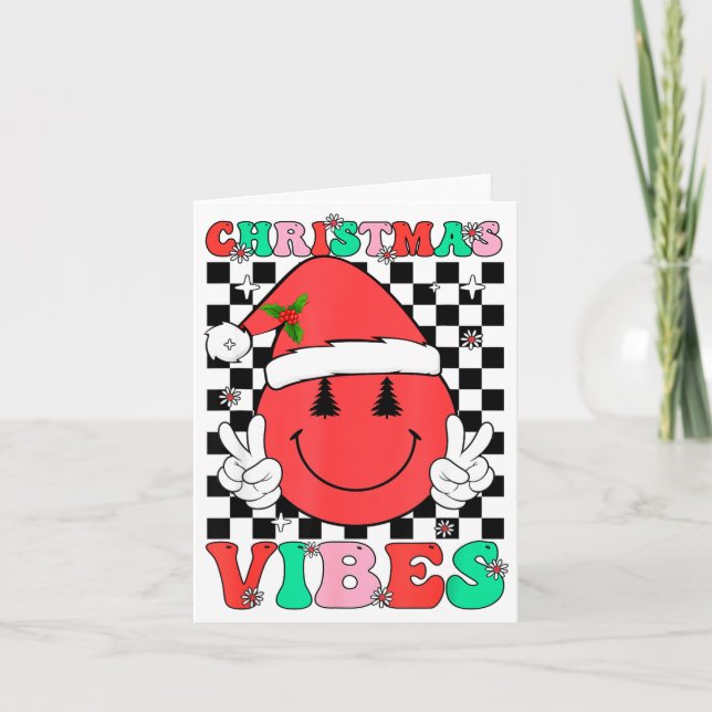 Tarjeta Groovy Christmas Vibes Smile Face Santa Hat Xmas T (Anverso)