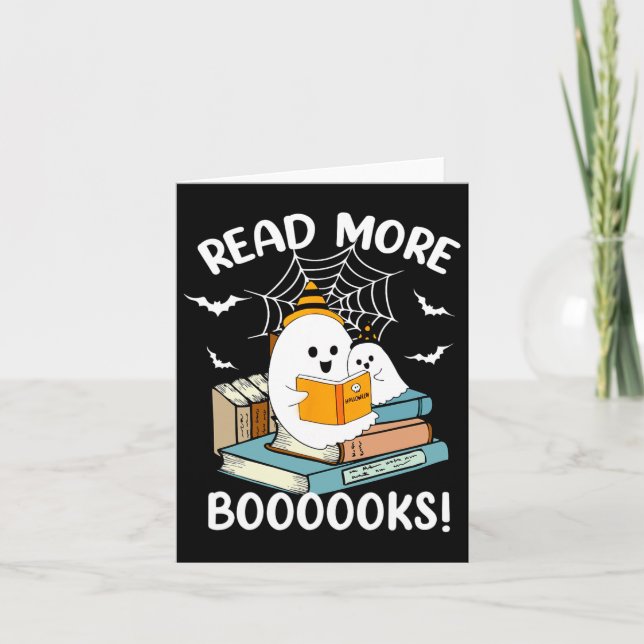 Tarjeta Groovy Halloween Ghost Leer más libros Bibliotecar (Anverso)