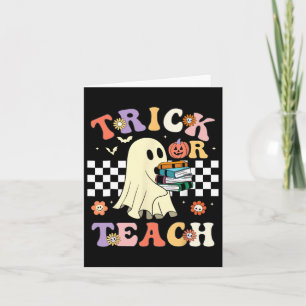 Tarjeta Groovy Halloween Trick O Teach Retro Floral Ghost