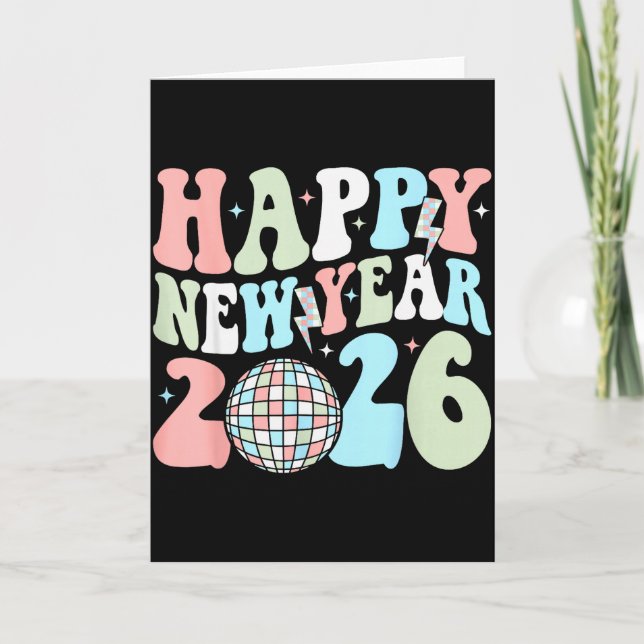 Tarjeta Groovy Happy New Year 2026 Party Cute New Years Ev (Anverso)