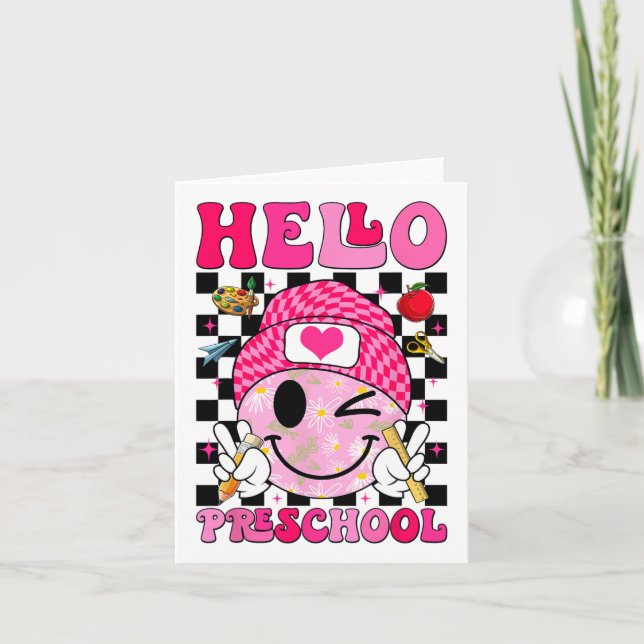 Tarjeta Groovy Hola Preescolar Pre-k Estudiantes Primer Dí (Anverso)